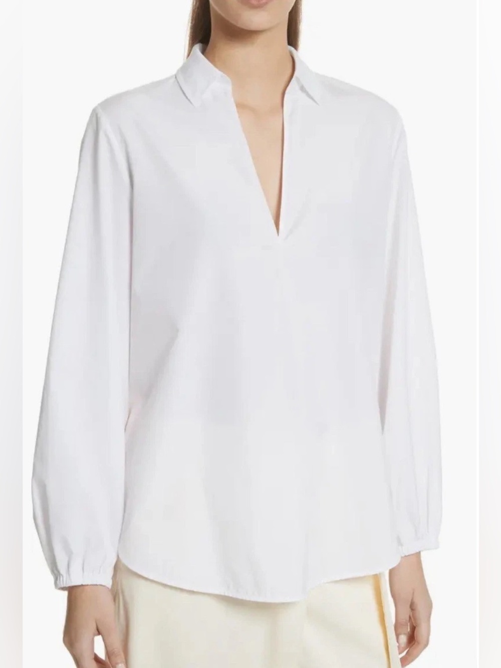 Vince Cotton Poplin Blouse M White Deep V Collar Balloon Sleeve 100% Cotton